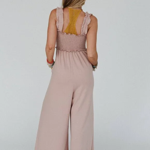 NWT THREE BIRD NEST Nothing Compares Smocked Ruffle Jumpsuit Dusty Rose Small - Picture 4 of 4